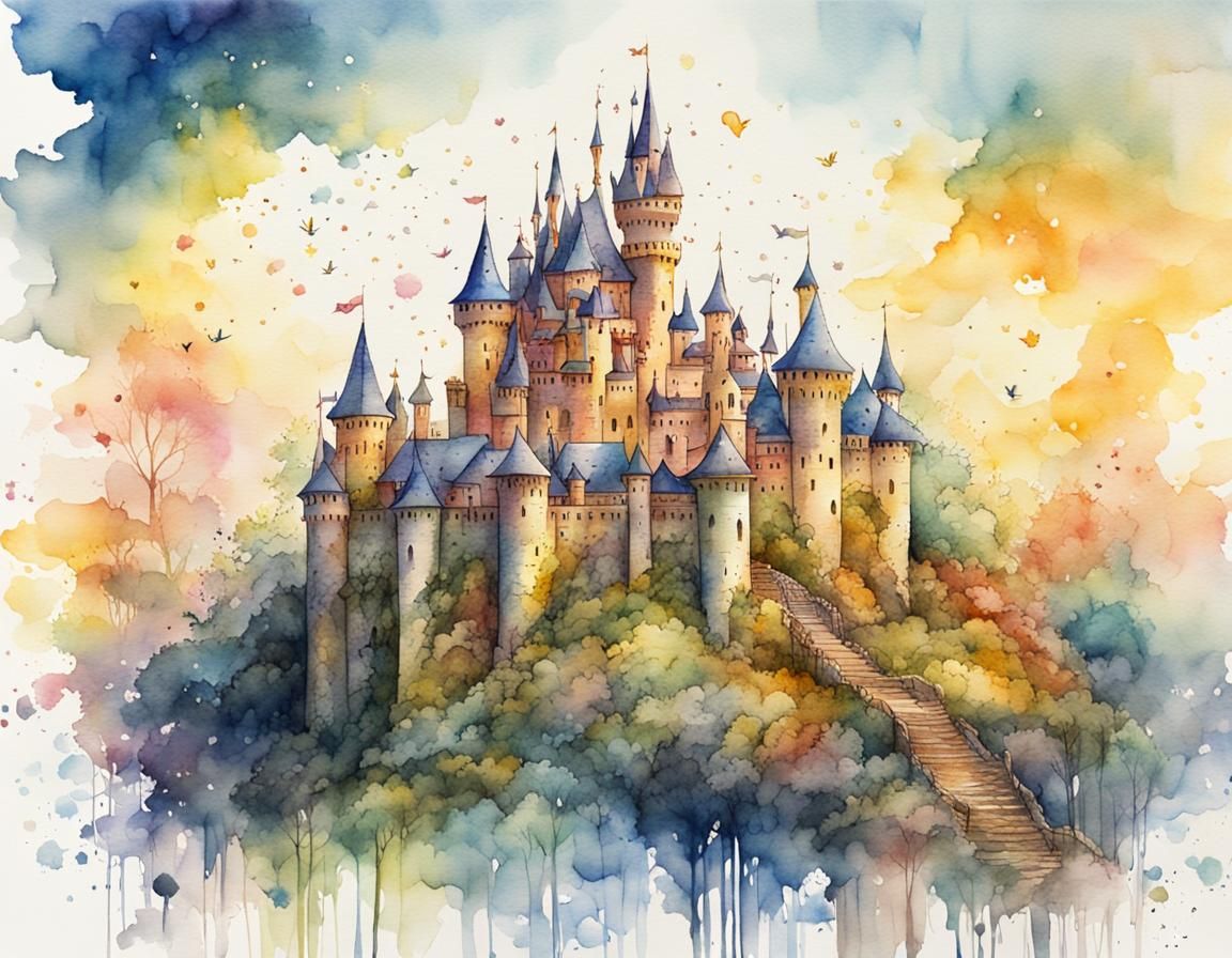 Whimsical Fairy Tale Castle Watercolor Illustration