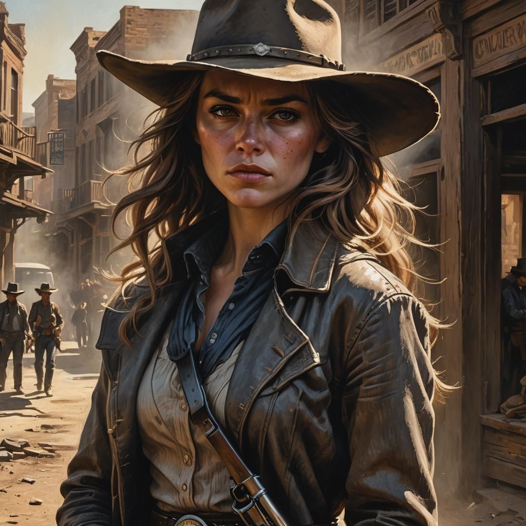 A gritty, Western scene featuring Kissin' Kate Barlow, the i...