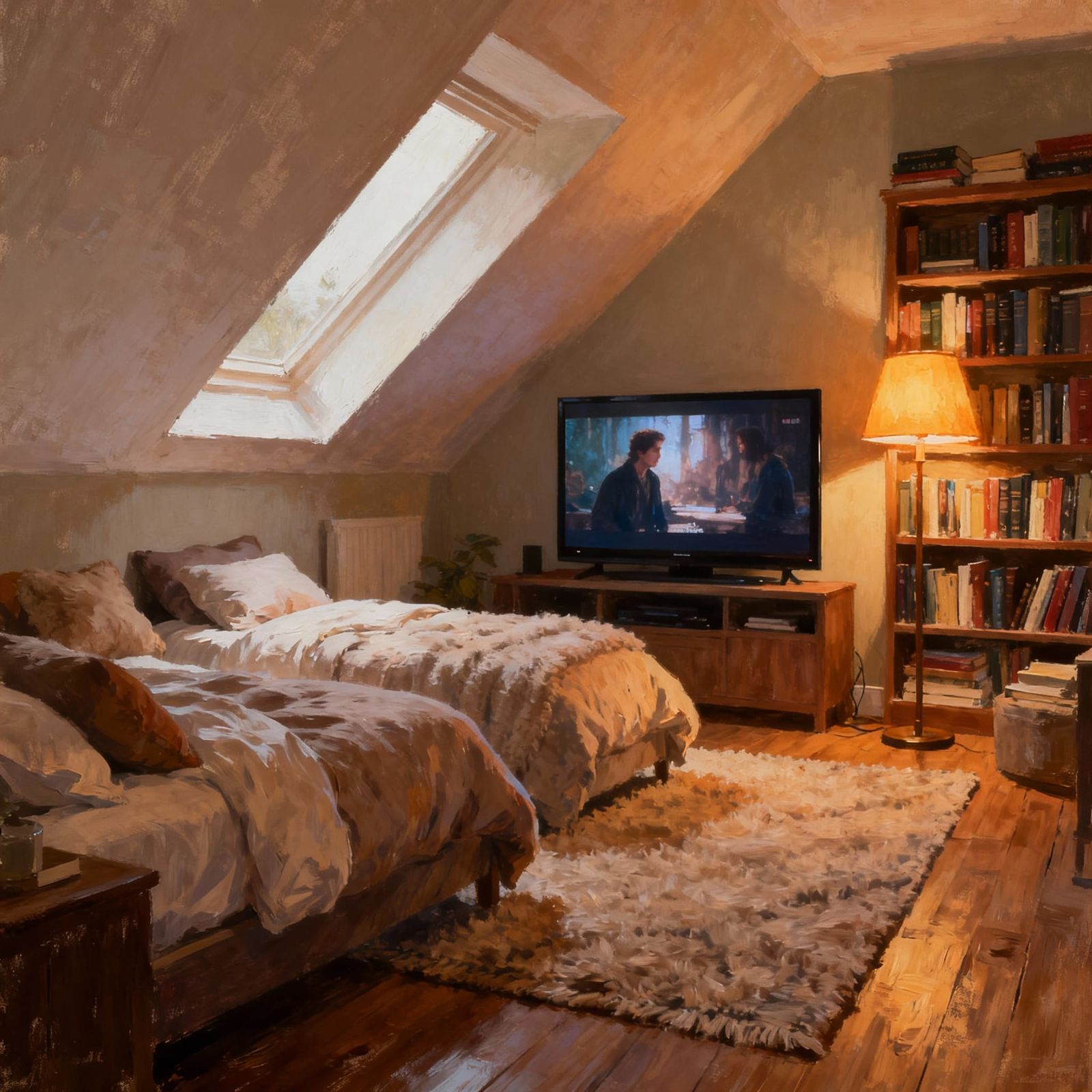 Cozy Attic Room with Plush Beds and Entertainment