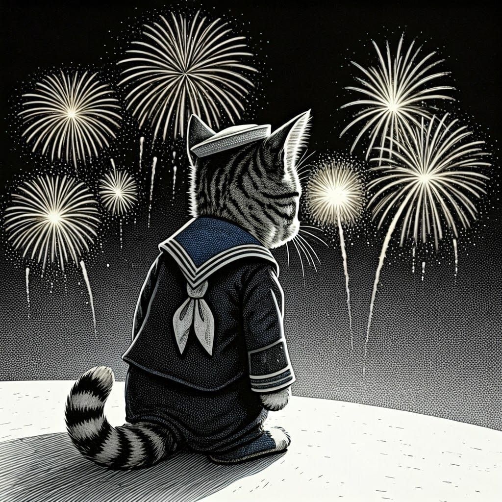 Whimsical Tabby Kitten Watches New Year Fireworks in Classic...