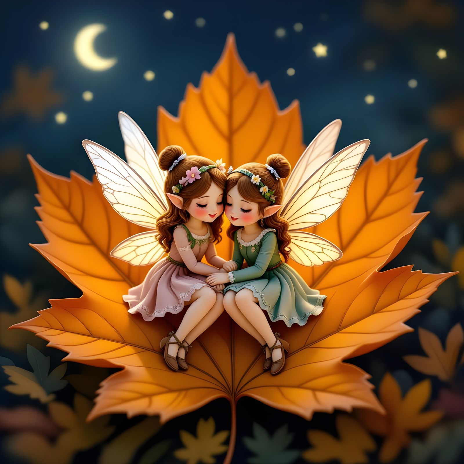 Fairies' Night Date on Autumn Leaf