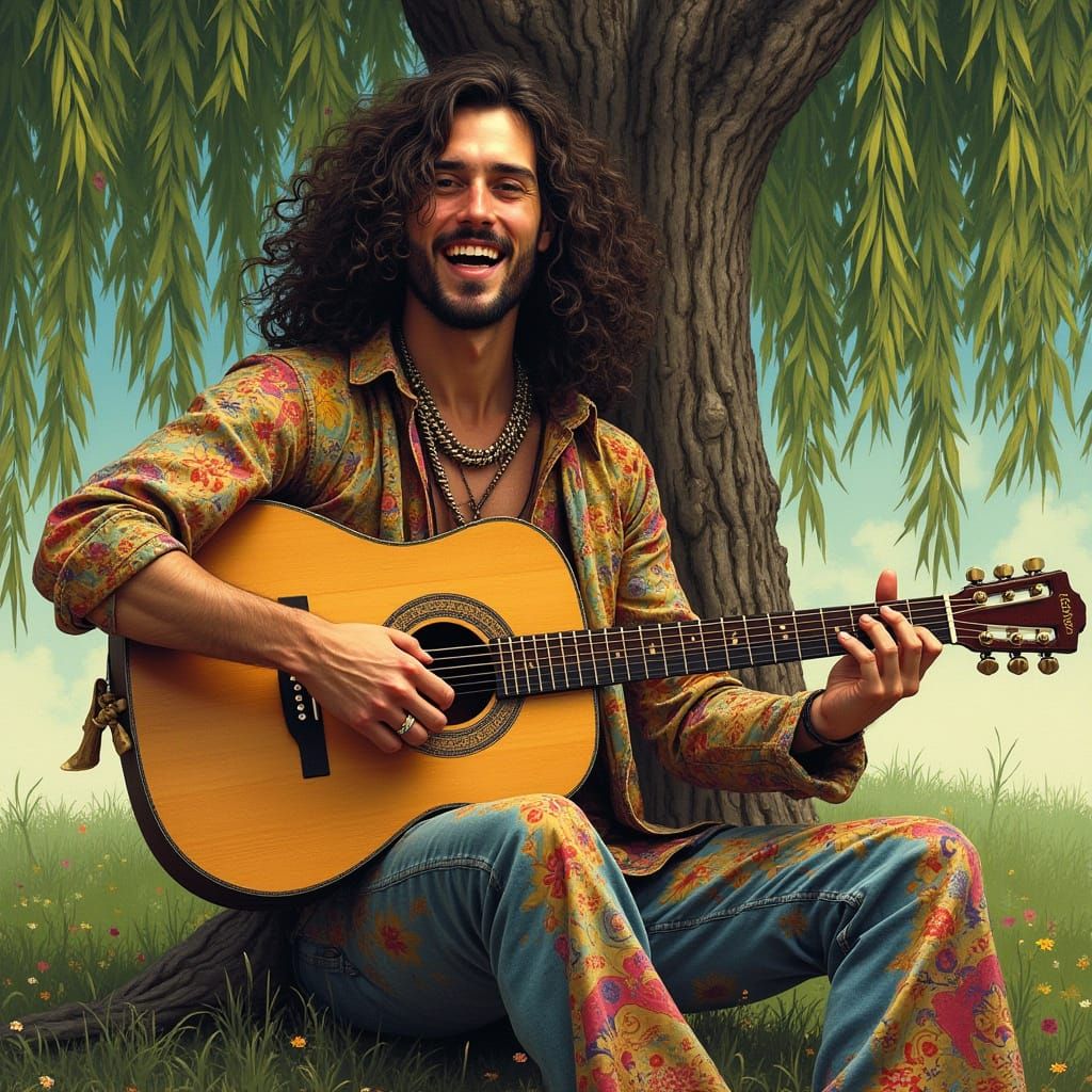 Hippie Man Plays Guitar Under Willow Tree, Art Nouveau