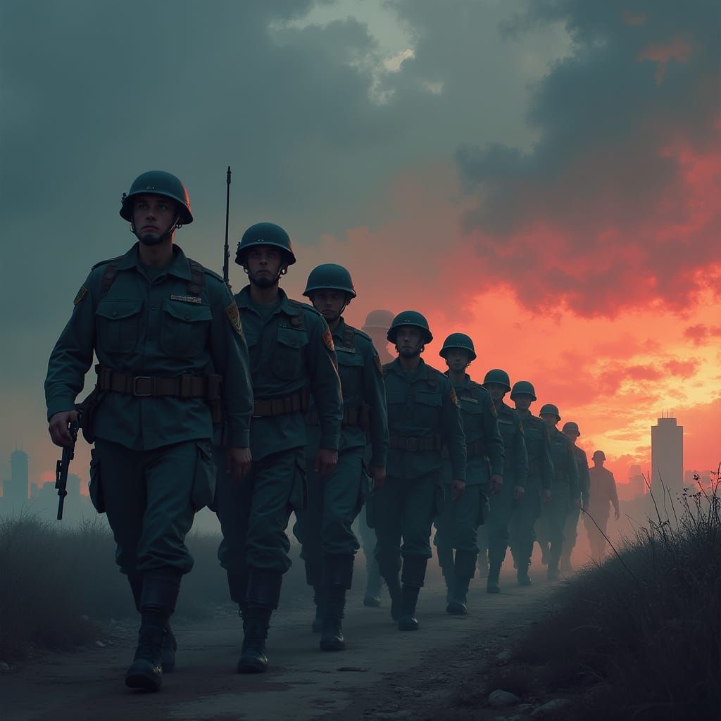 Soldiers Marching: Photorealistic Art with Cinematic Lightin...