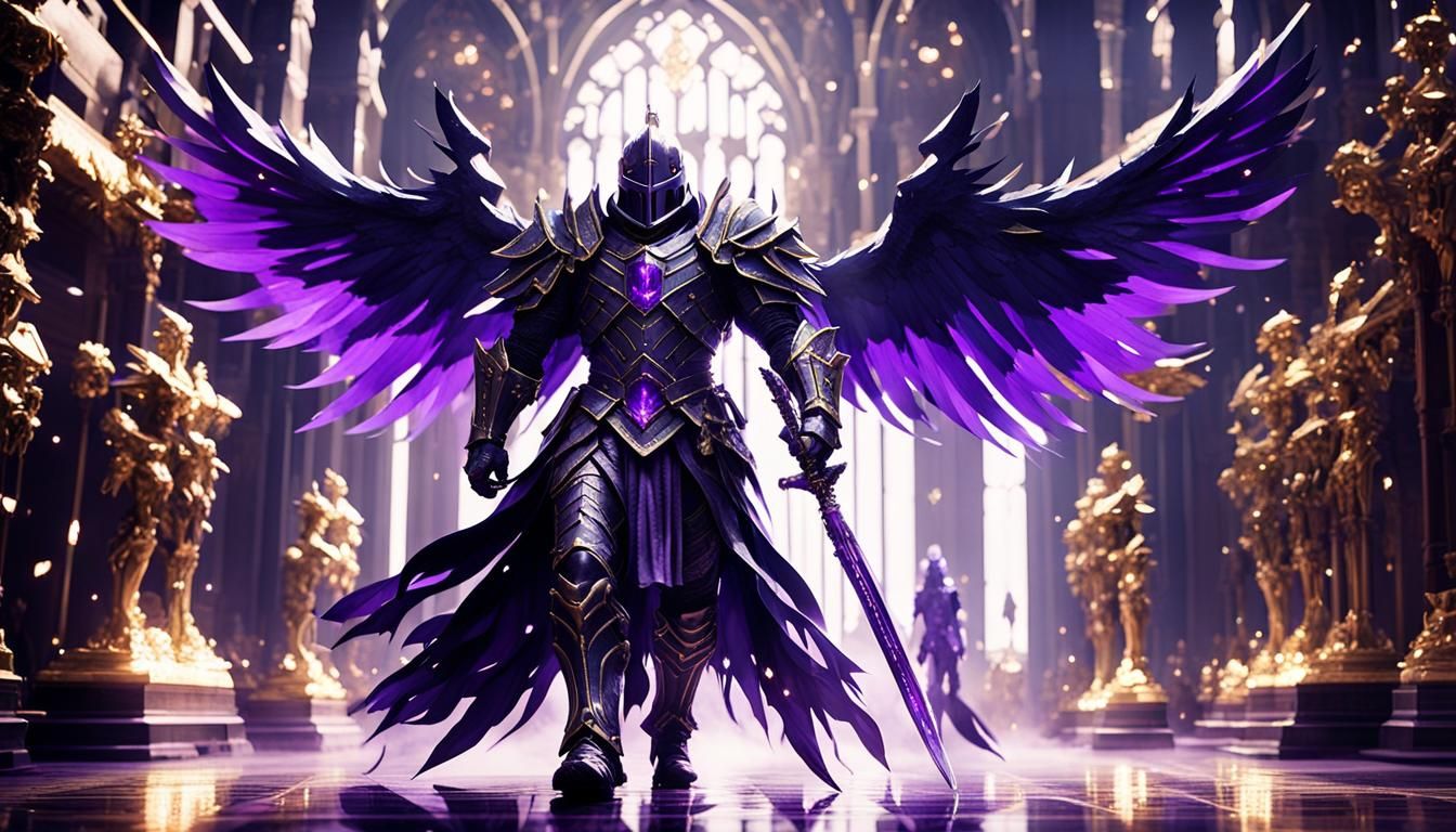 Winged Knight in Gothic Hallway with Fiery Sword
