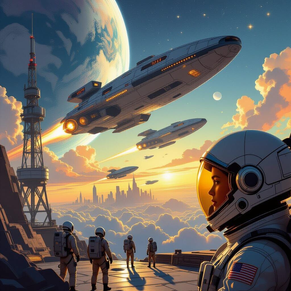 Massive Starships Launch from Earth in Retro Sci-Fi Style