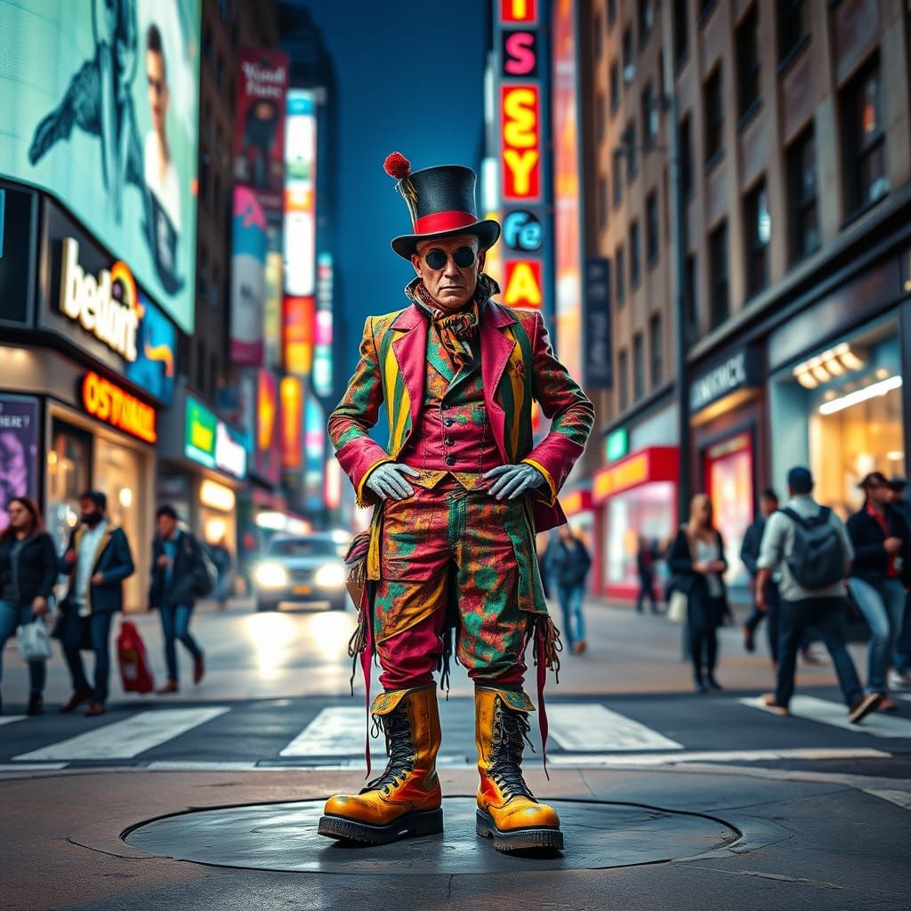 Vibrant Street Performer in Neon Cityscape