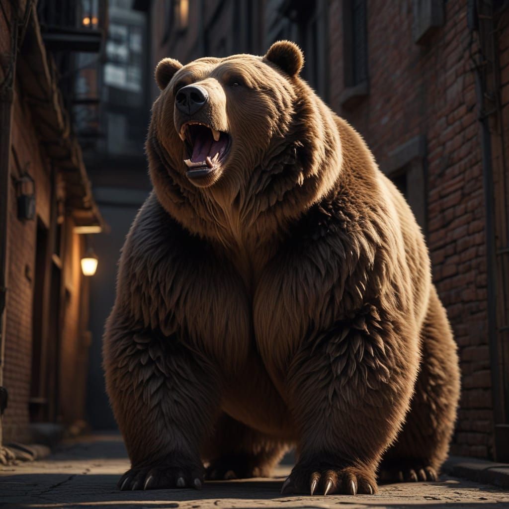 Mega Obese Brown Bear with Muscular Arms in Dark Alley