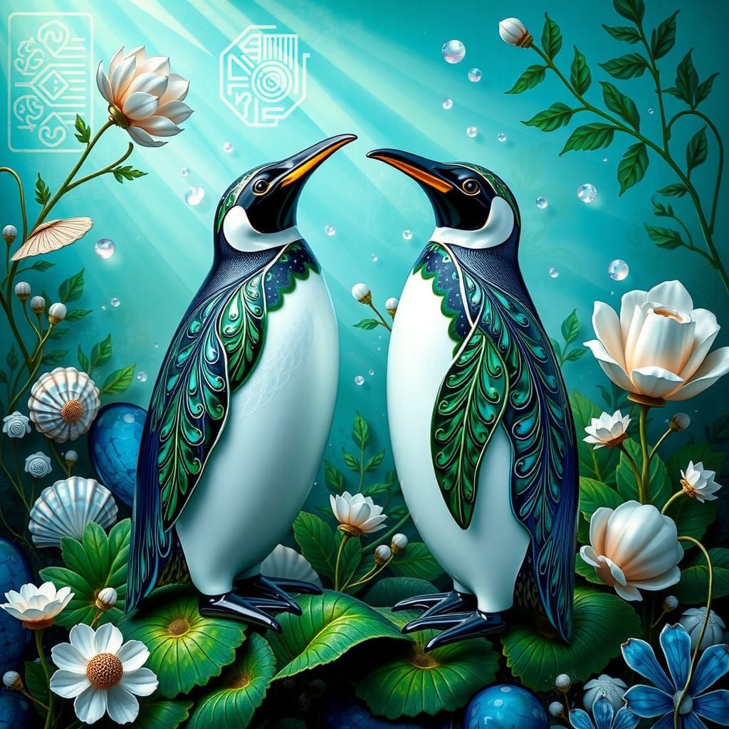 Enameled Emerald Penguins in Art Nouveau-Inspired Art Deco L...
