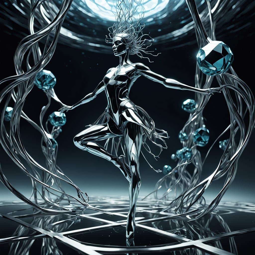 Surreal Dancer Trapped in Glowing 4D Tesseract Landscape