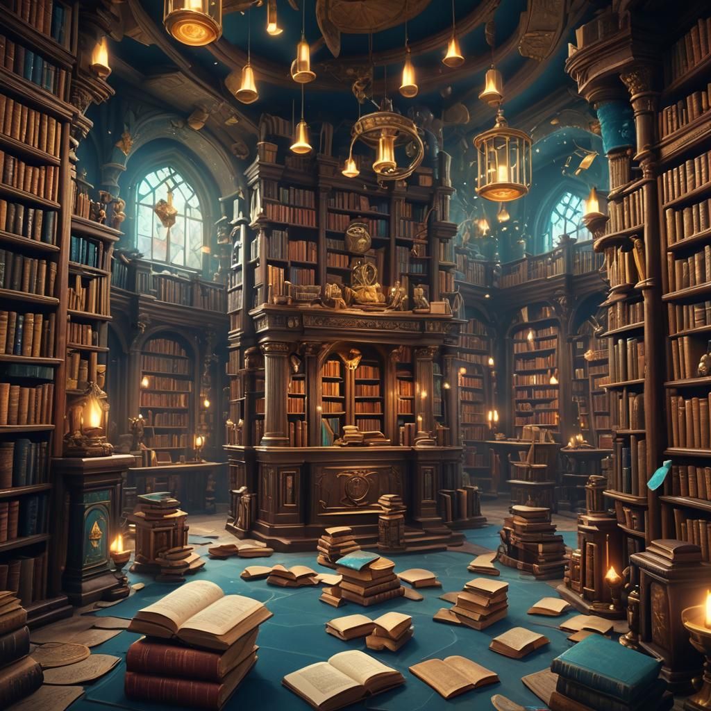Enchanted Library with Wizard in 3D Style
