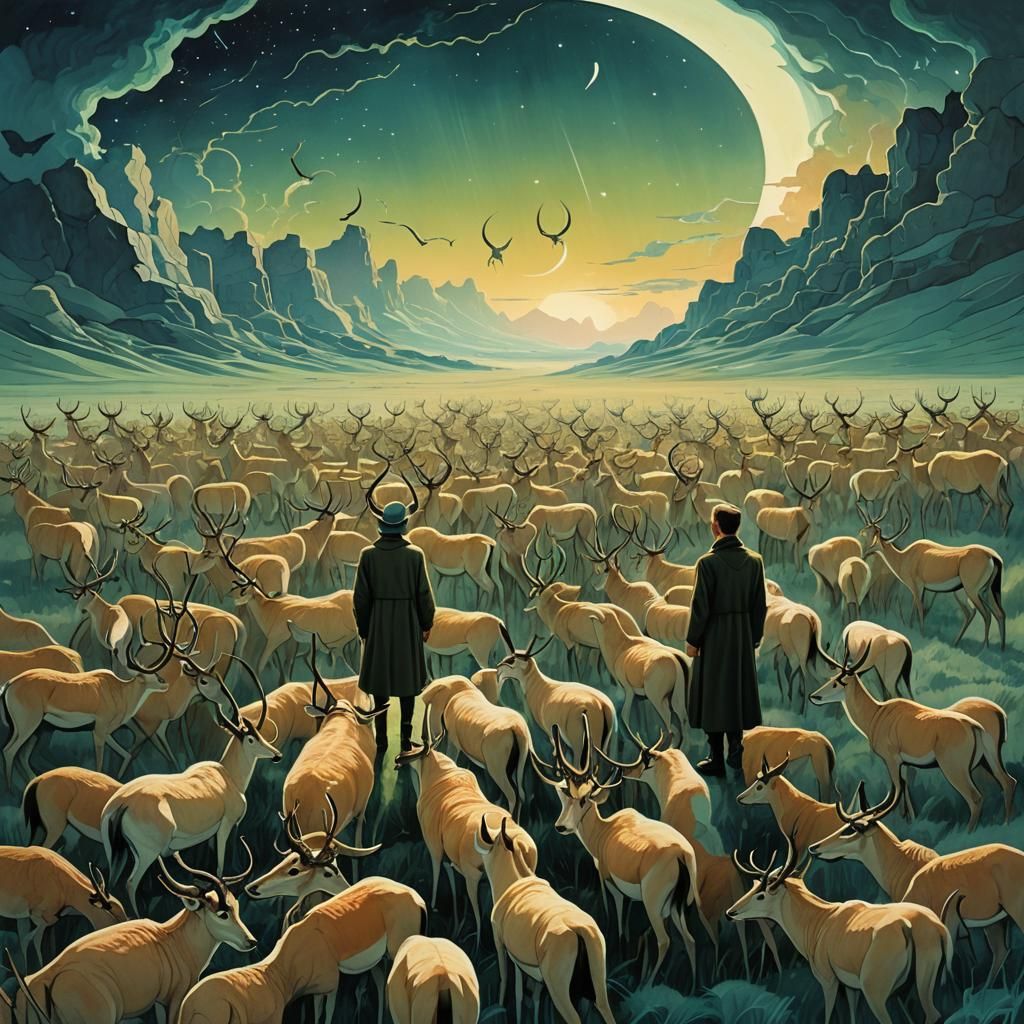 Mystical Gazelles in Twilight Landscape