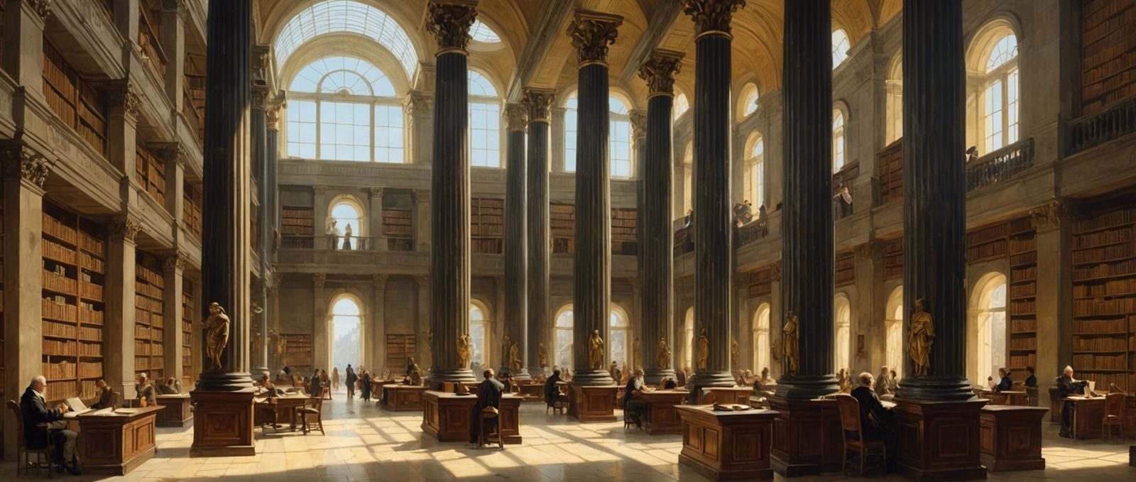 Art by Thomas Cole, Hubert Robert, grandeur of the Library of Alexandria, soft golden light filtering through high windo...
