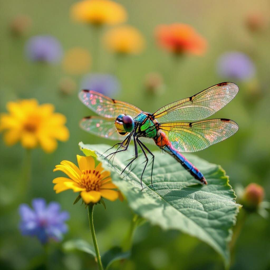 Cute Multicolored Dragonfly on Leaf in Vibrant Meadow