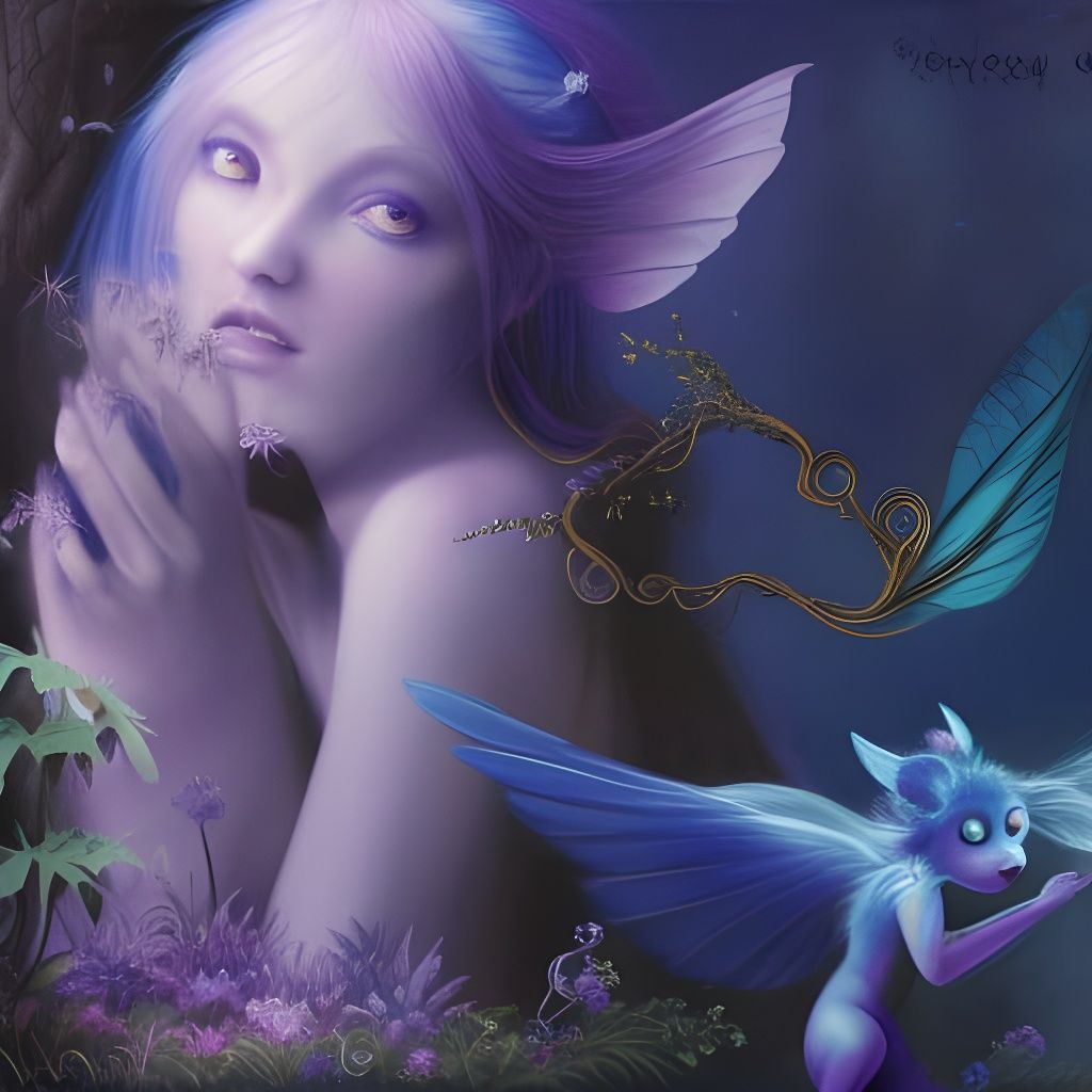 Magical Forest Scene with Fairy Nymph and Wolf