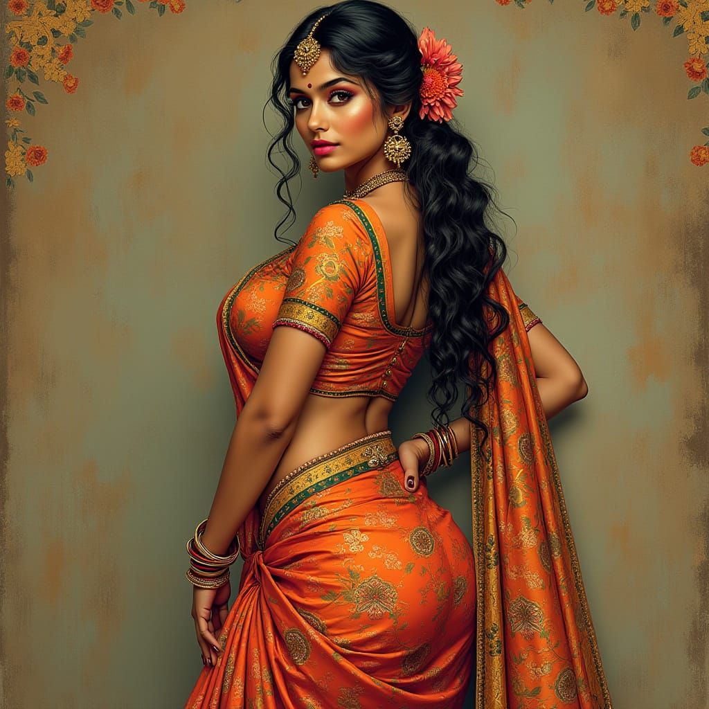 Elegant Indian Goddess in Intricate Saree Back Pose