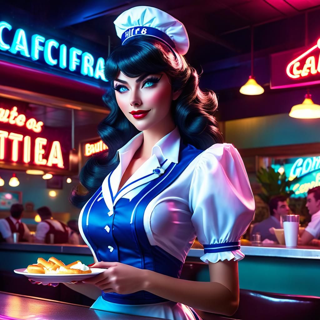 Waitress in Retro Cafeteria with Neon Lighting