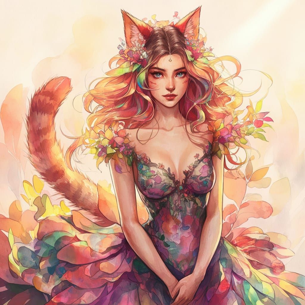 Beautiful Woman/cat hybrid art vibrant colorful whimsy hyper detailed perfect lighting style watercolor