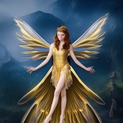 Beautiful Fairy with Golden Wings in Digital Painting