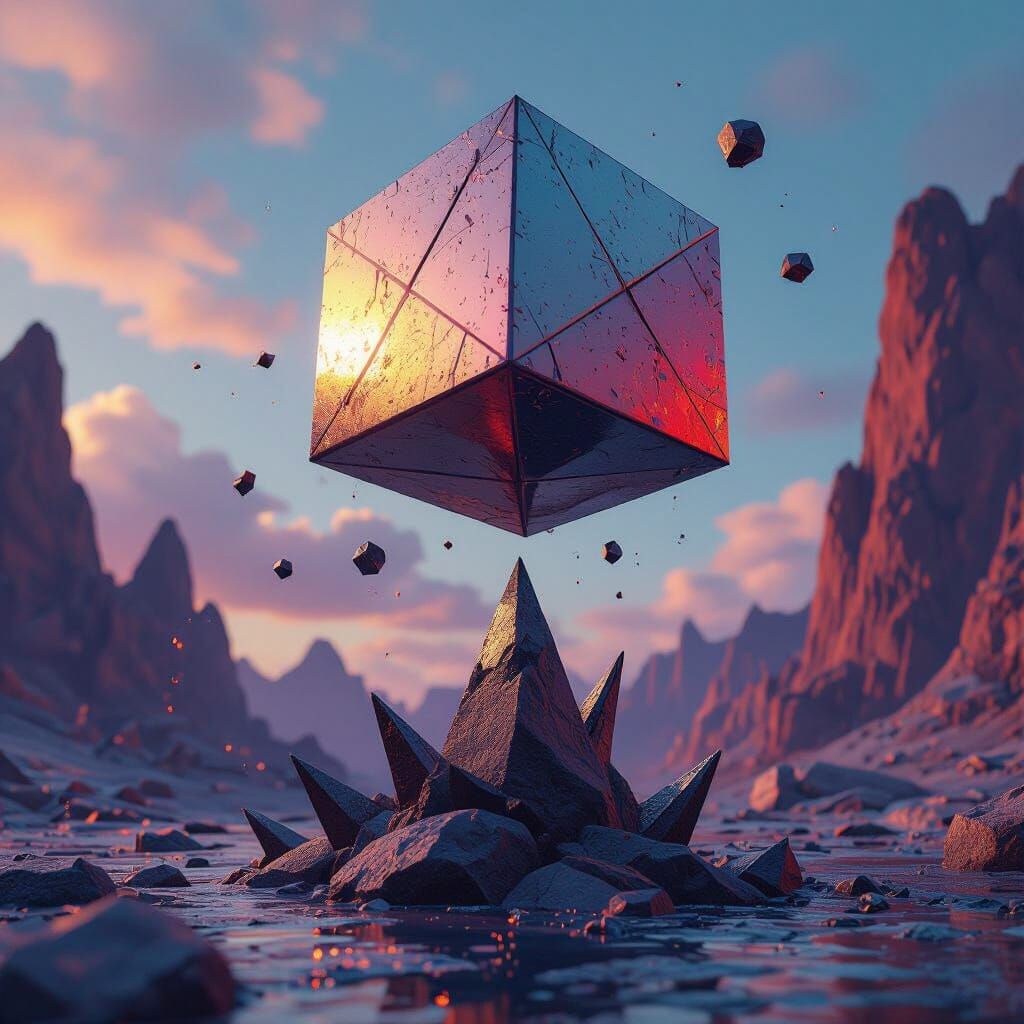 Metallic Cube Jumps Spike in Detailed Matte Painting