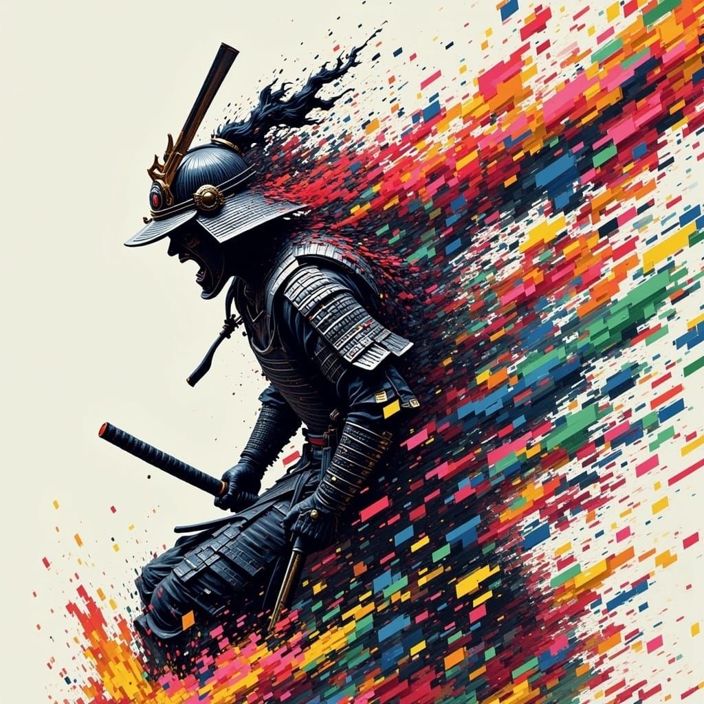 Disturbing Glitch Art Samurai Vanishes in Colorful Pixels