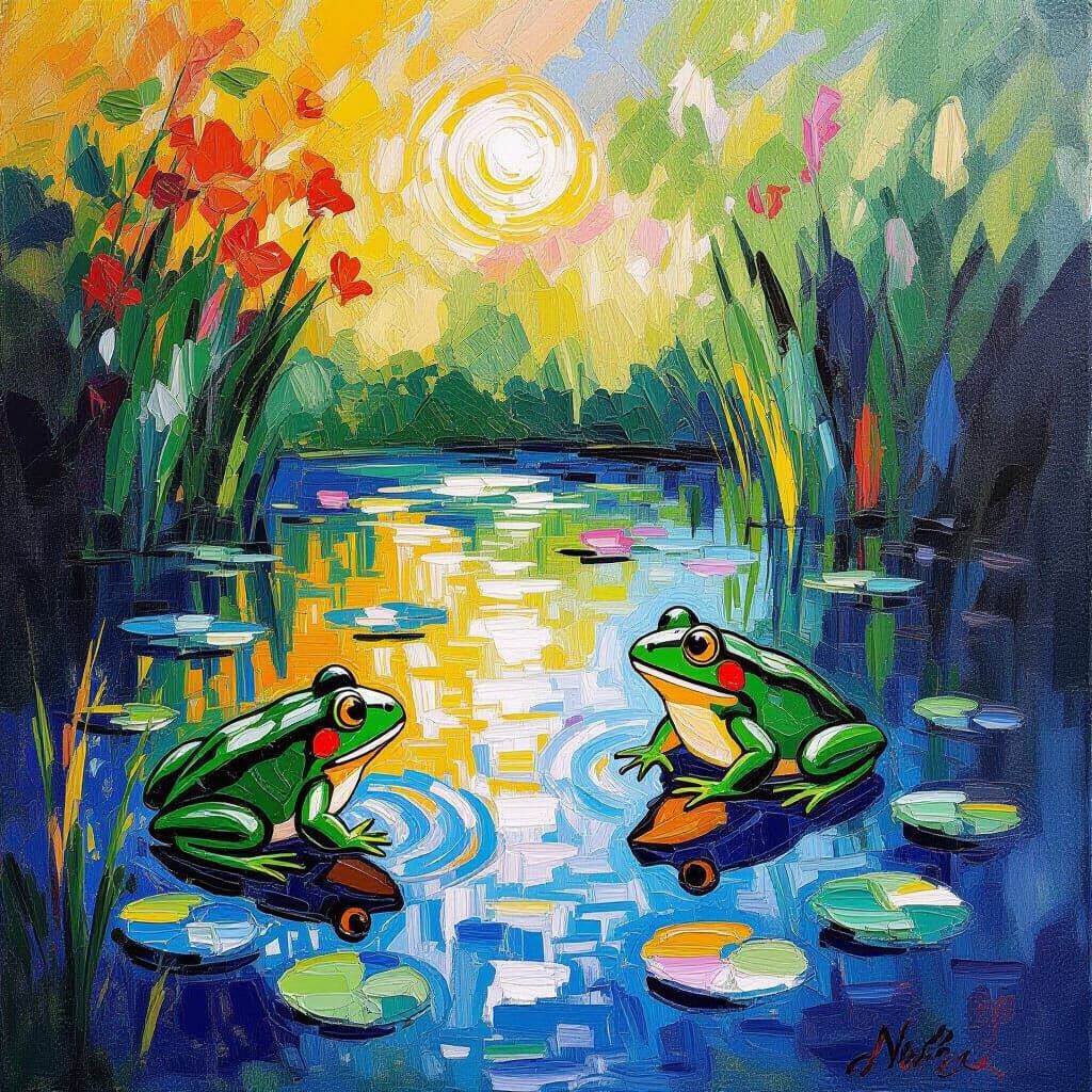 Frogs and Water Lilies in Expressive Impasto Oil Painting