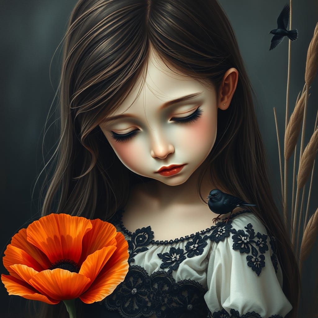 Melancholic Girl in Lace Dress with Poppies and Birds