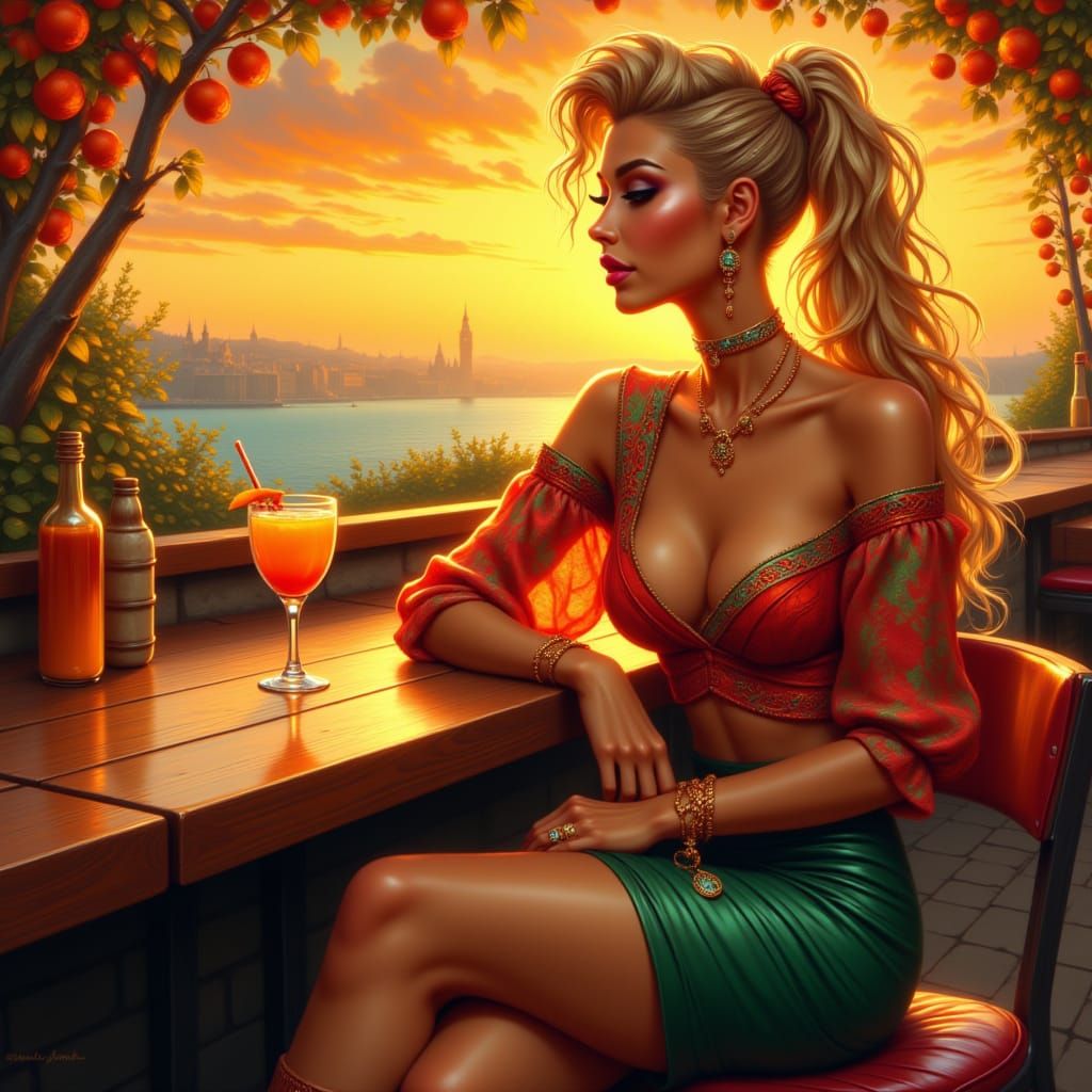 Woman with Mohawk at Terrace Bar in Golden Hour