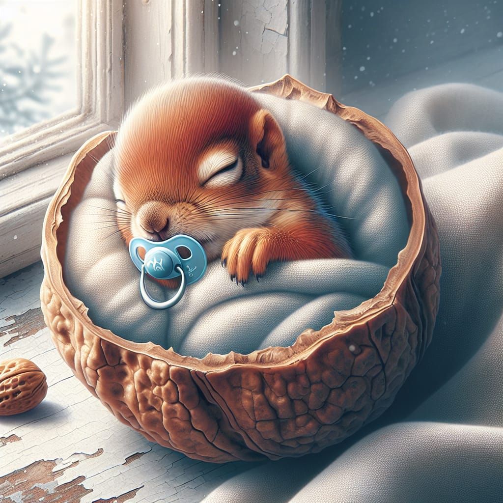 Baby Squirrel Sleeping Sweetly in Walnut Shell