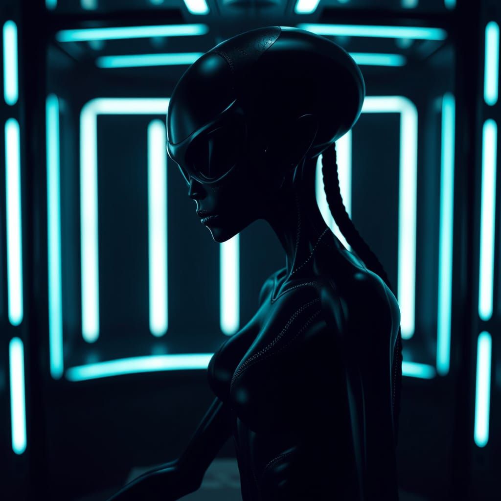 Mysterious Black Alien Woman in Dark Room