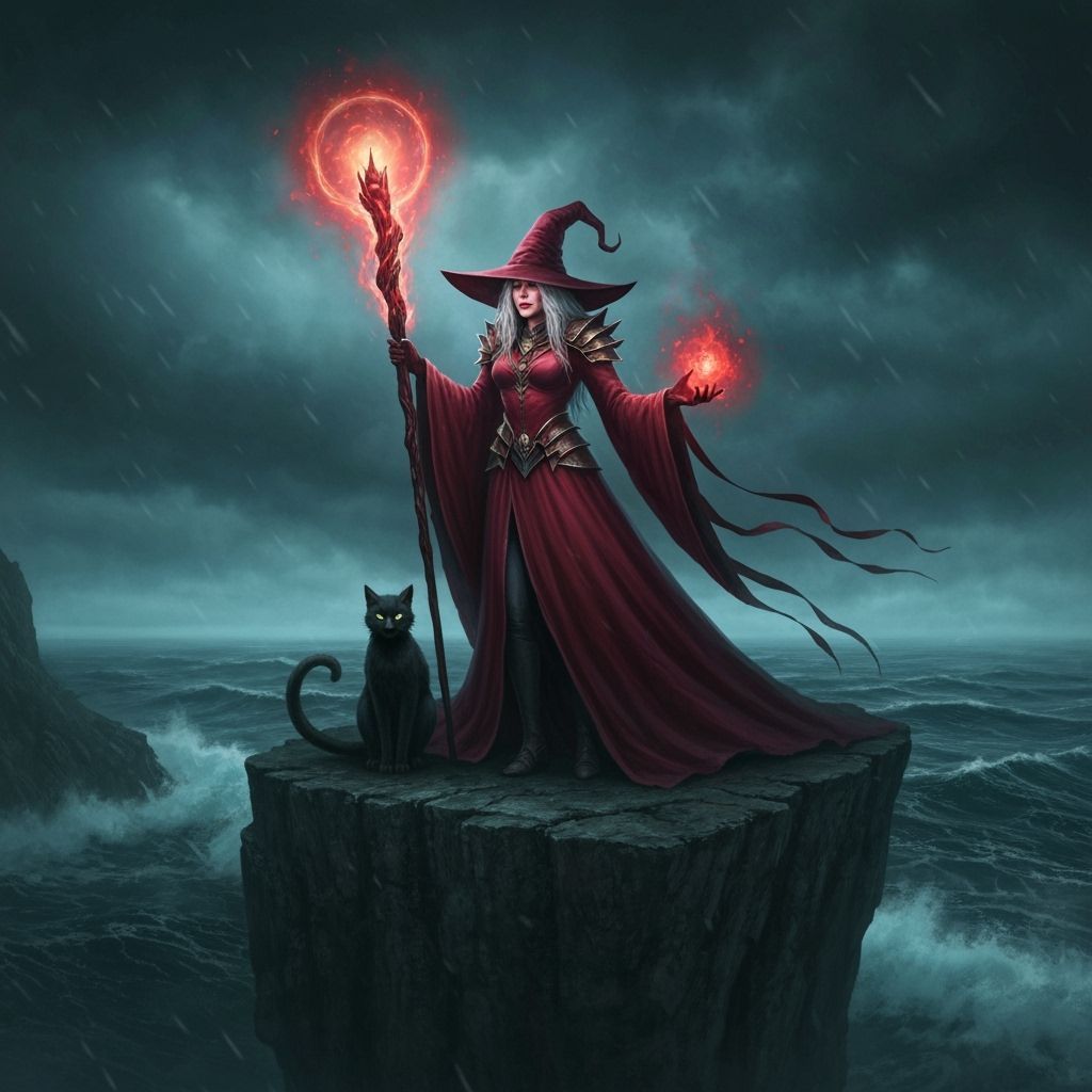 Dark fantasy illustration. Medium shot. A powerful witch wit...