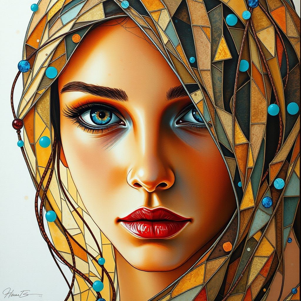 Entwined Face in Gouache Style with Mosaic Tilework