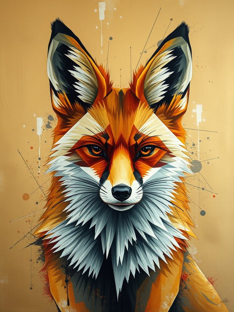 Geometric Fox in Golden Oil Splash