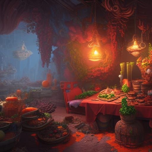 Detailed Matte Painting of Food in Deep Color
