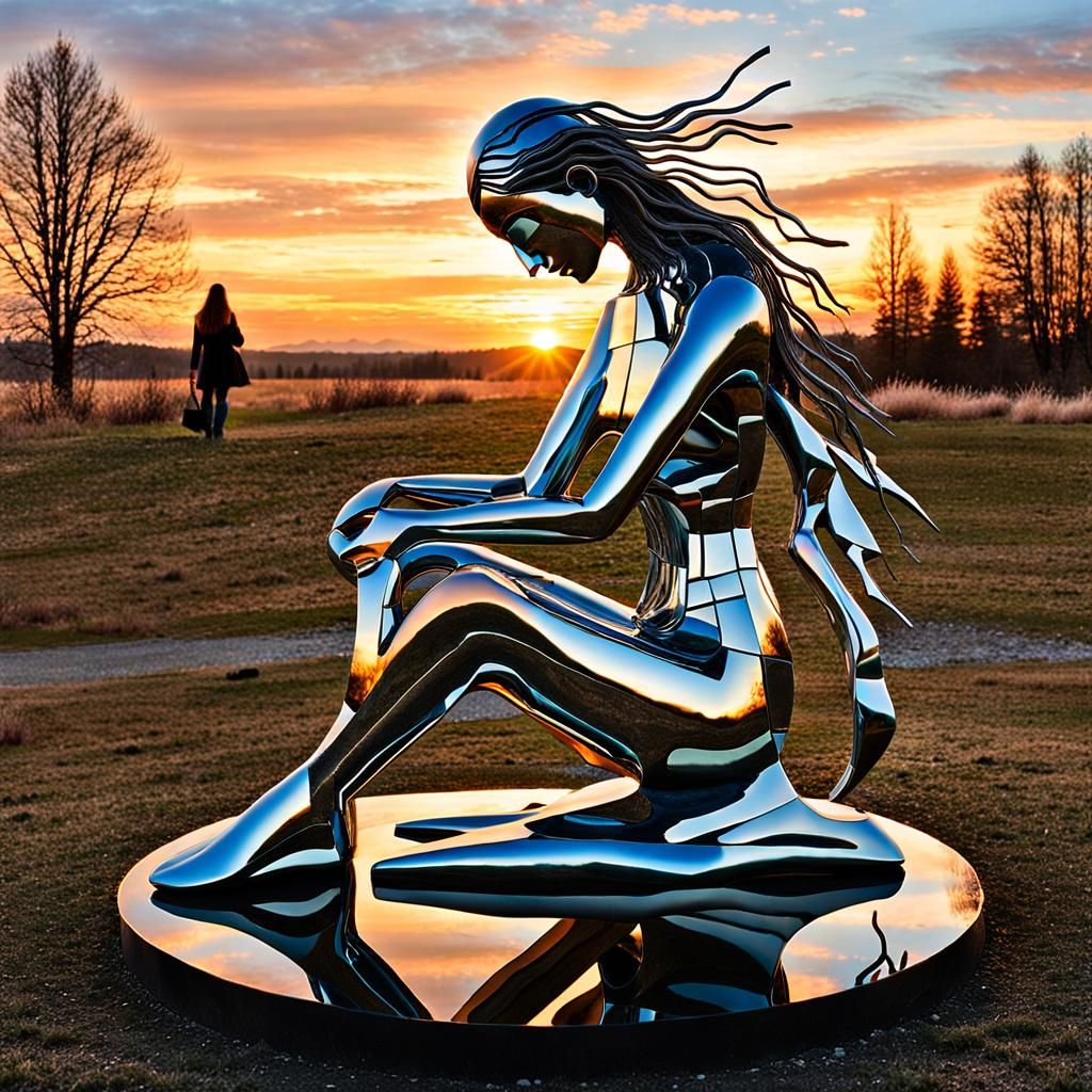 Surreal Fragmented Sculpture of Woman at Sunset