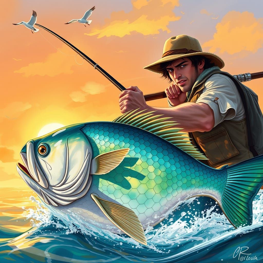 Heroic Fisherman Lands Majestic Catch in Vibrant Sunset Scen...