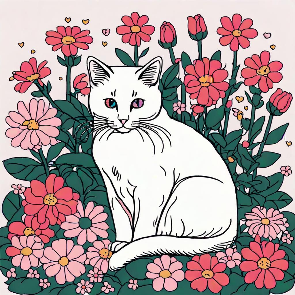 Cute Cat Surrounded by Flowers in Digital Icon Style