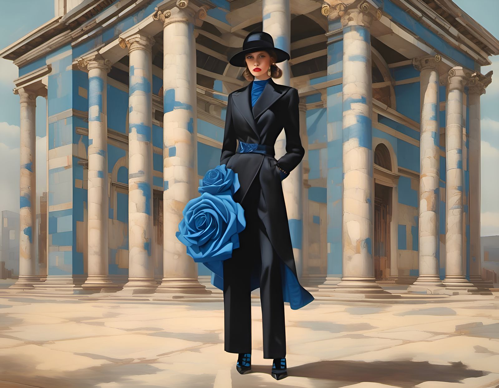 Woman in Zoot Suit with Blue Rose Detail