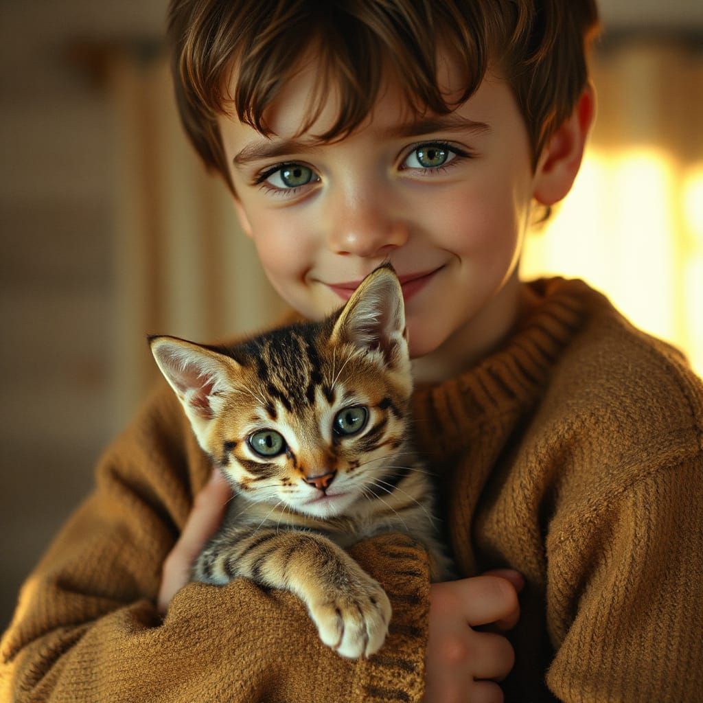 Gentle Moment Between Boy and Kitten Captured in Cinematic S...