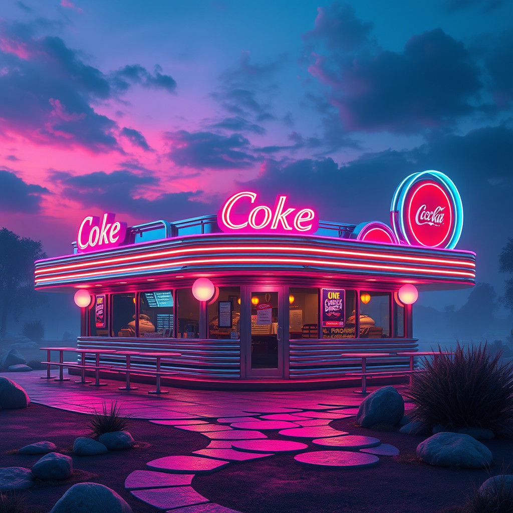 Retro-Futuristic Diner in Dreamscape, Neon Lights