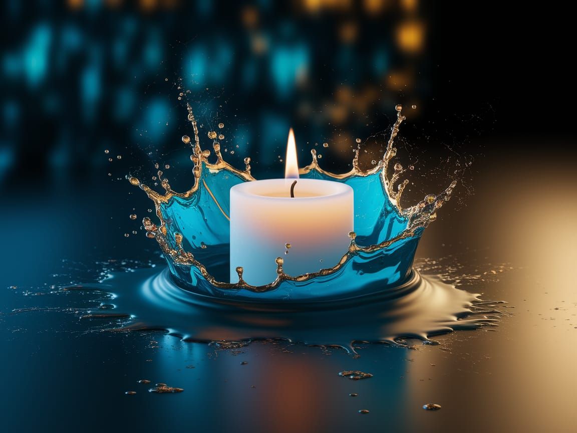 Candle Flame with Blue and Gold Liquid Splash