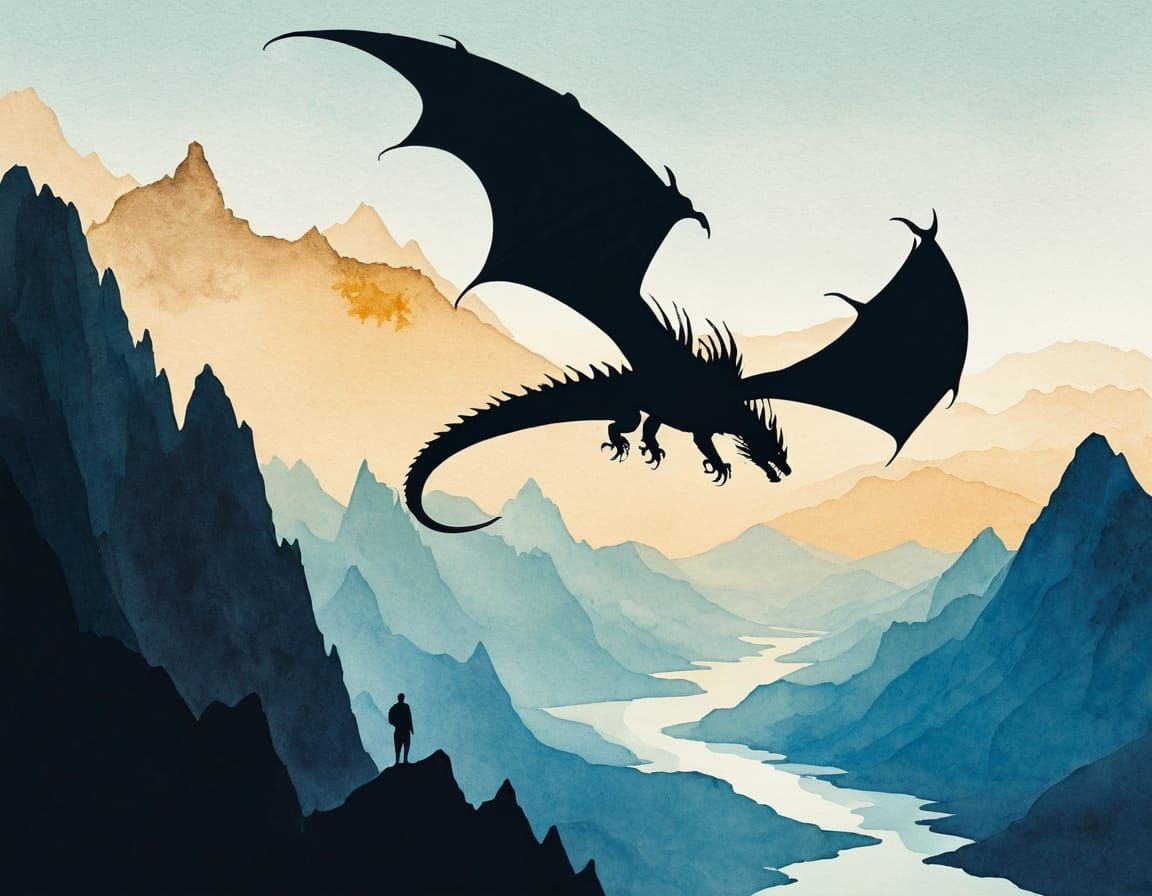 Dragon Silhouette Fantasy Art in Alcohol Ink and Watercolor