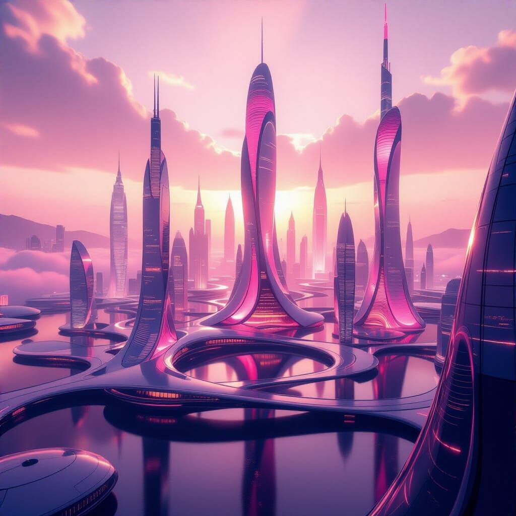 Hyperfuturistic Pink Cityscape with Ethereal Glow