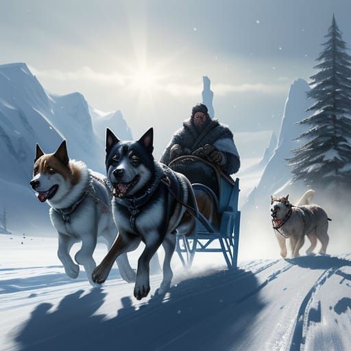 Dogs Pulling Sled in Snowy Landscape Concept Art