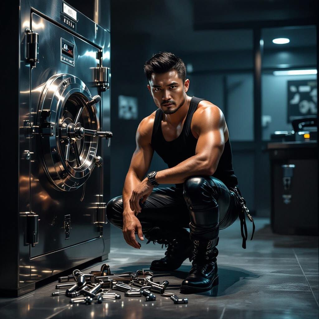 Intense Midnight Safe Cracking: A Hyperrealistic Photo