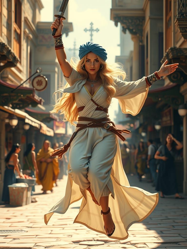 Fantasy Warrior Pirouette in Medieval Marketplace