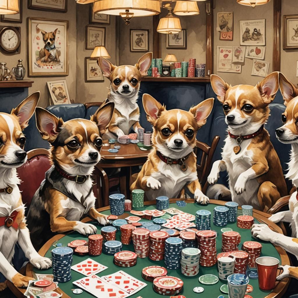 Chihuahuas Playing Poker in Vintage Illustration Style