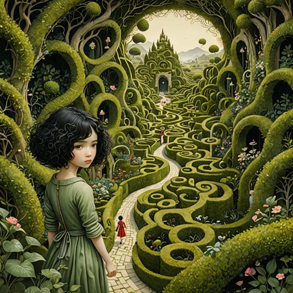 Miniature Girl's Surreal Garden Maze Journey