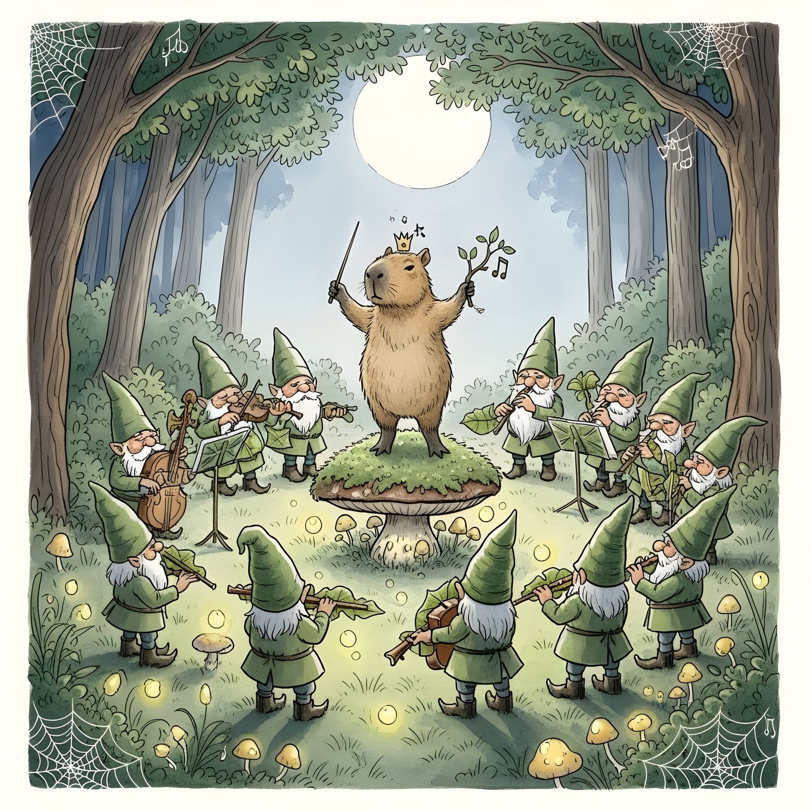 Capybara Conducts Gnome Orchestra in Moonlit Forest