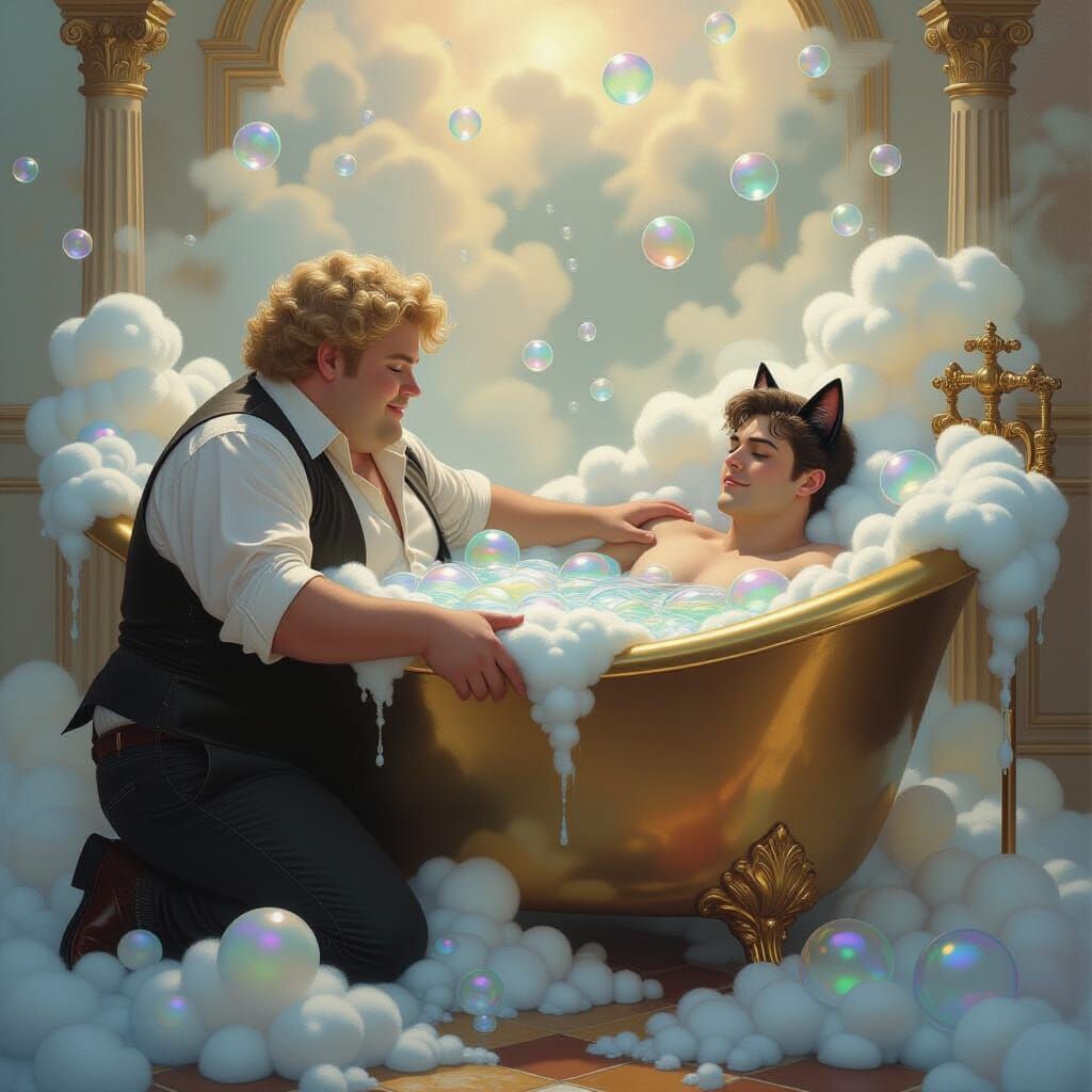 Ethereal Catboy Fantasy in Kinkade Style