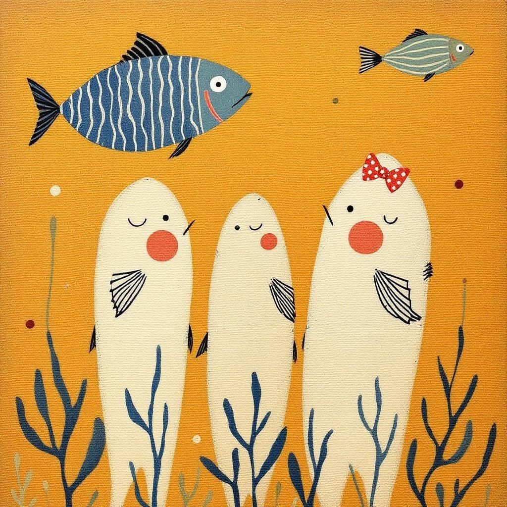 Cartoon Fish on Canvas in Naive Folk Art Style
